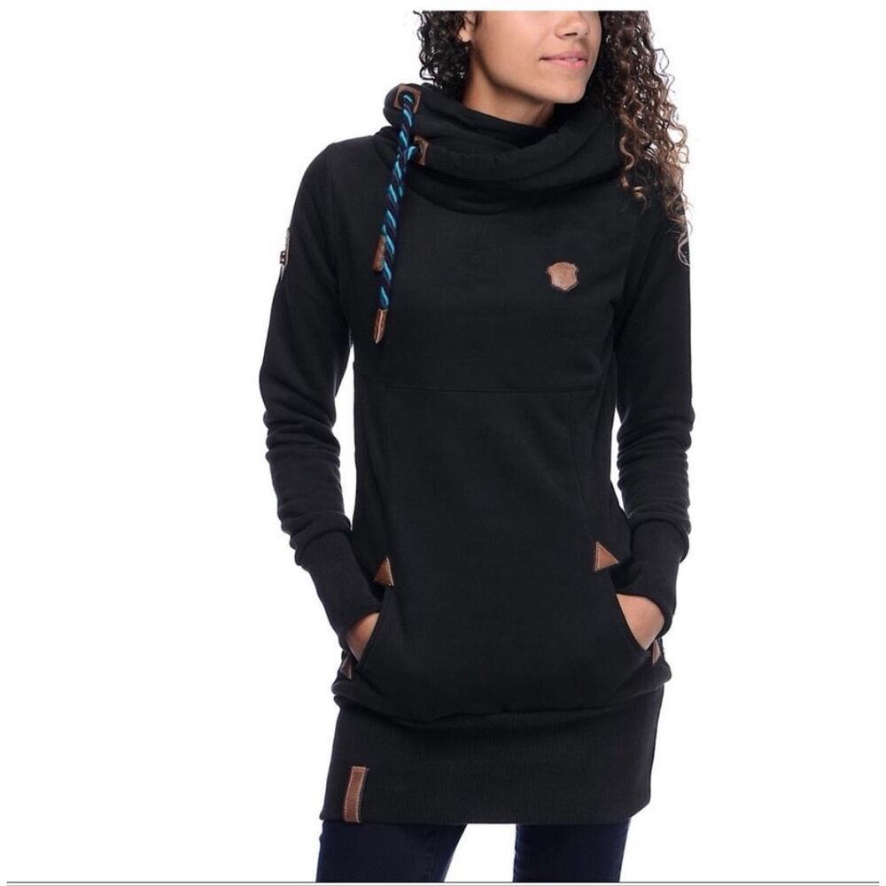 Naketano tunic-length hoodie featuring a high cowl neck and decorative brown lea